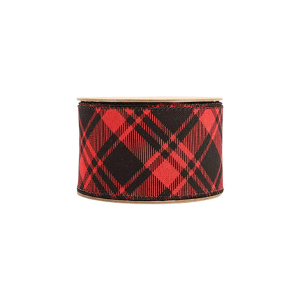 Cylindrical red and black plaid ribbon spool, even plaid pattern, fabric material.