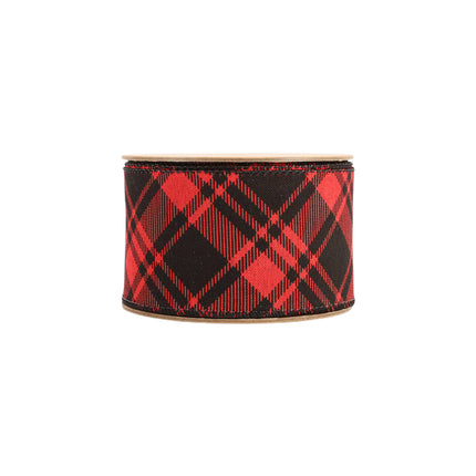2 1/2" Wired Ribbon spool, red/black plaid, neat winding, chic for holiday decor.