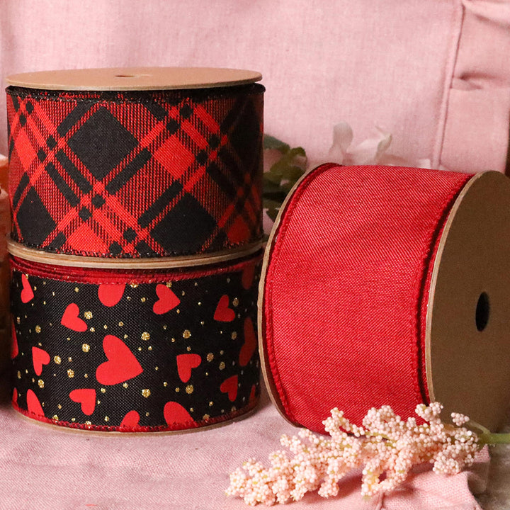 2 1/2" Wired Ribbon | Printed Red/Black Bias Plaid | 10 Yard Roll - 35% OFF