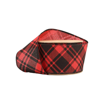Wired Ribbon | Printed Red/Black Bias Plaid spool, textured fabric, folded detail showing plaid pattern.