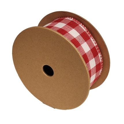 Red & White Gingham Ribbon on Brown Spool, Classic Checkered Pattern with Exquisite Weaving.