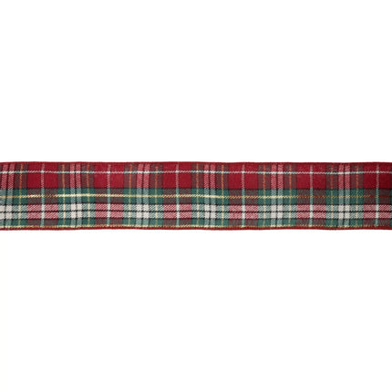  Plaid Wired Ribbon, Red/Green/White/Gold, Intricate Weave, Neat Edges, Detailed Pattern.