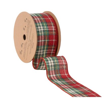 2 1/2" Wired Plaid Ribbon, Red/Green Tones, Sturdy Woven Material, Classic Pattern.