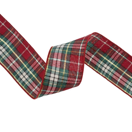Wired Plaid Ribbon, Red/Green/White/Gold, Consistent Pattern on Both Sides, Fine Weaving Craft.