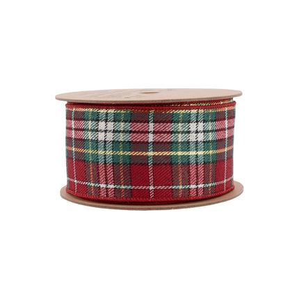Plaid Wired Ribbon Spool, Red/Green/White/Gold, Exquisite Woven Design, Vibrant Plaid Pattern.