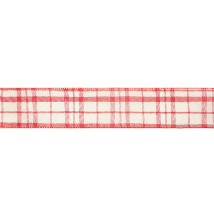 Red and white plaid wired ribbon, ideal for creating charming, rustic gift accents and holiday decorations.