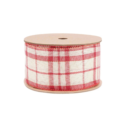Red-white buffalo plaid wired ribbon with red stitched edge, perfect for crafting cozy Christmas bows