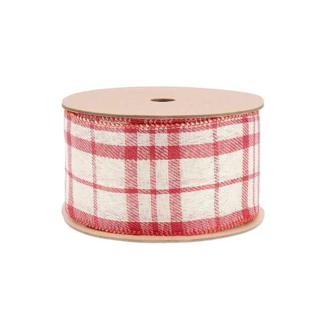 Red-white buffalo plaid wired ribbon with red stitched edge, perfect for crafting cozy Christmas bows