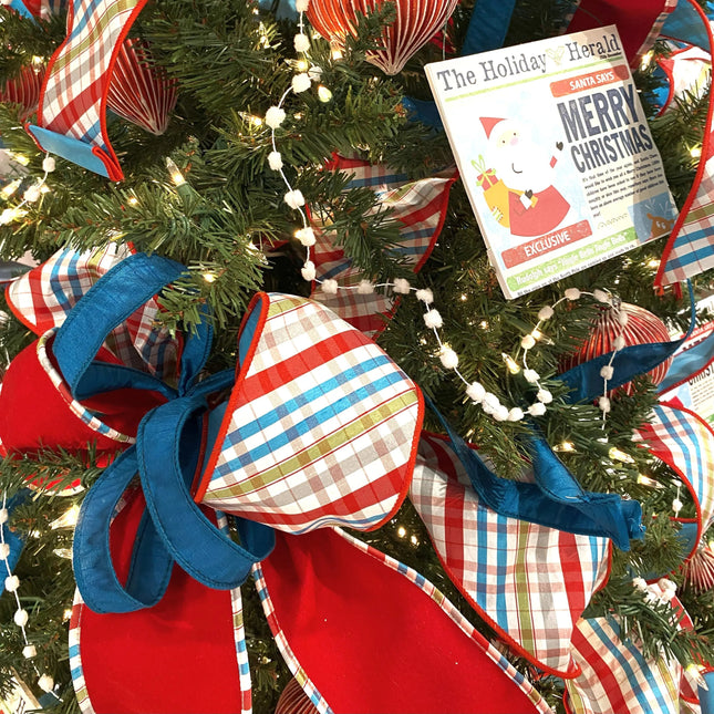 4" Wired Taffeta Ribbon | Red/Turquoise/Apple Green/White Plaid Bias Cut Double-Fused w/ Turquoise Backing | 10 Yard Roll LaRibbons and Crafts