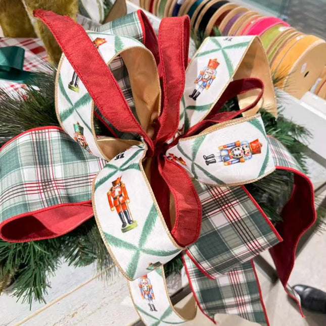 4" Wired Reversible Dupioni | Red/Green Plaid with Red Backing | 10 Yard Roll LA Ribbons Wholesale