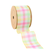 2 1/2" Wired Ribbon | White w/ Pastel Plaid Green/Yellow/Pink | 10 Yard Roll
