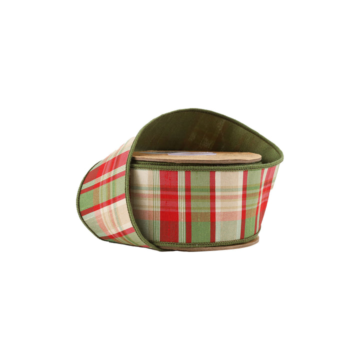 2 1/2" Wired Ribbon | Red/Green Plaid w/ Dupioni Backing | 10 Yard Roll