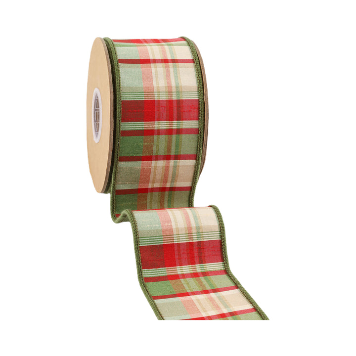 2 1/2" Wired Ribbon | Red/Green Plaid w/ Dupioni Backing | 10 Yard Roll