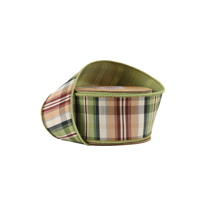 2 1/2" Wired Ribbon | Green/Tan Plaid w/ Dupioni Backing | 10 Yard Roll