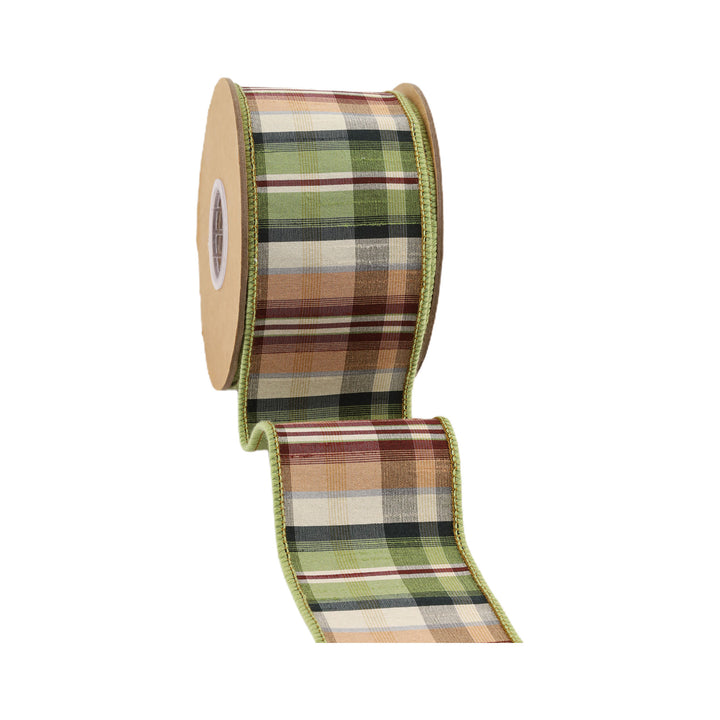 2 1/2" Wired Ribbon | Green/Tan Plaid w/ Dupioni Backing | 10 Yard Roll