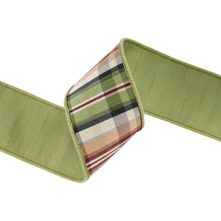 2 1/2" Wired Ribbon | Green/Tan Plaid w/ Dupioni Backing | 10 Yard Roll