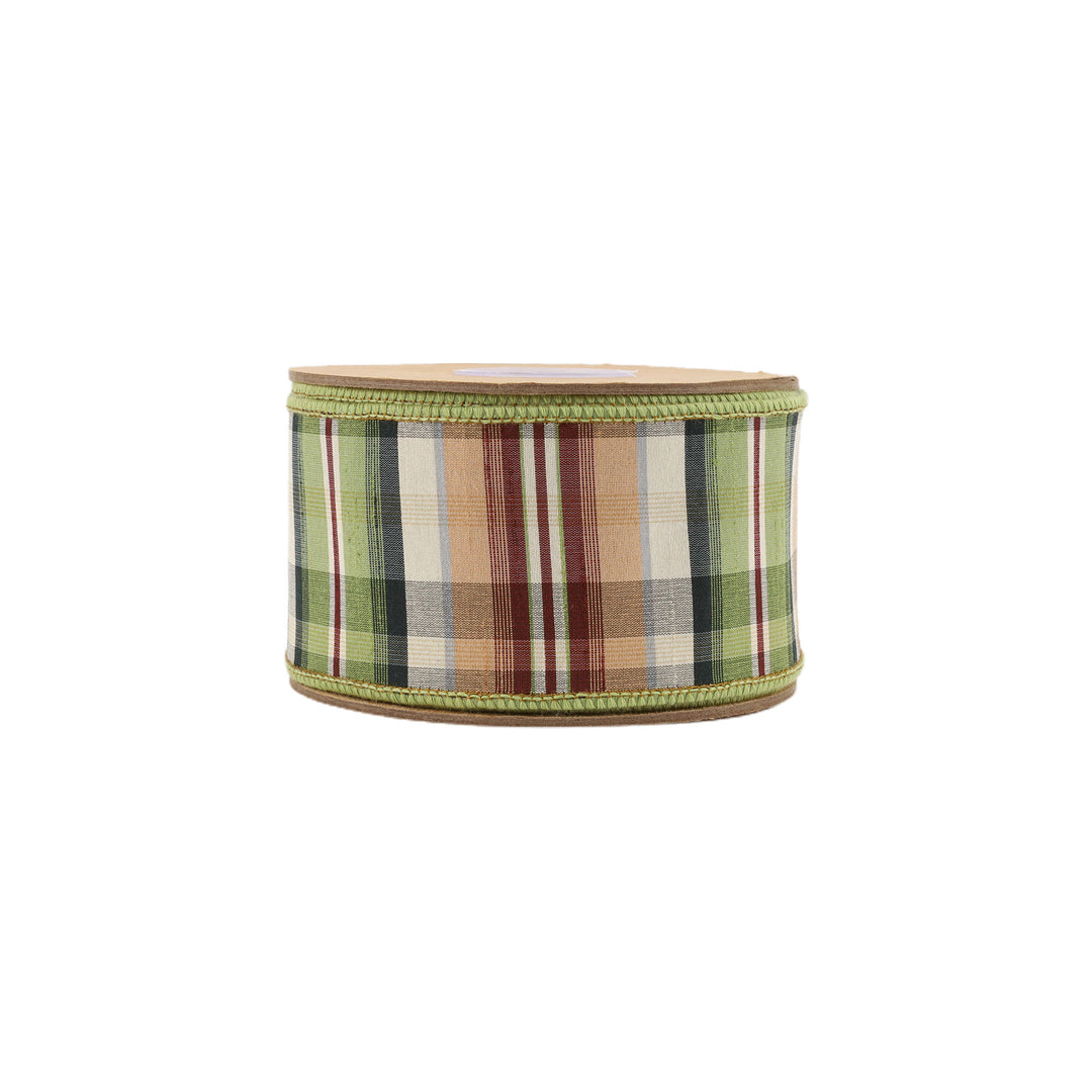 2 1/2" Wired Ribbon | Green/Tan Plaid w/ Dupioni Backing | 10 Yard Roll