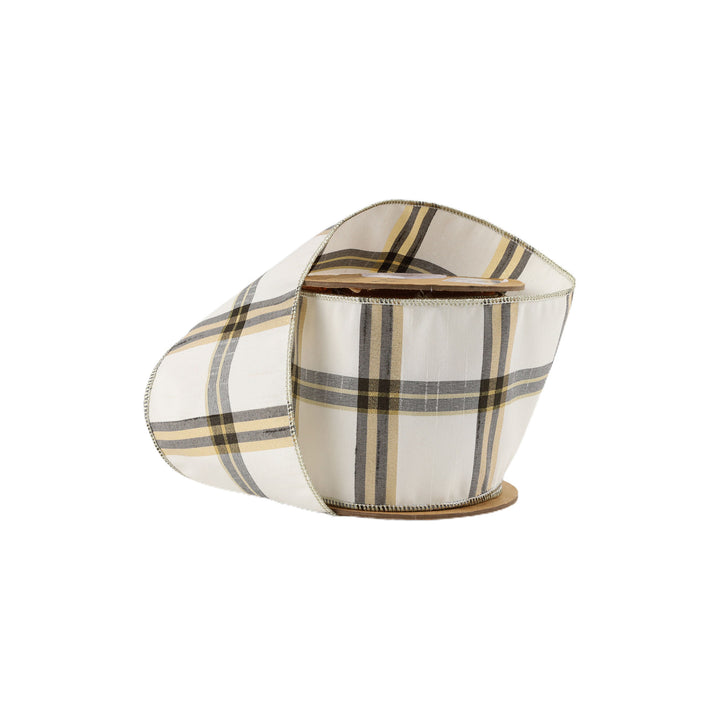 4" Wired Ribbon | Ivory/Black/Gold Plaid | 10 Yard Roll