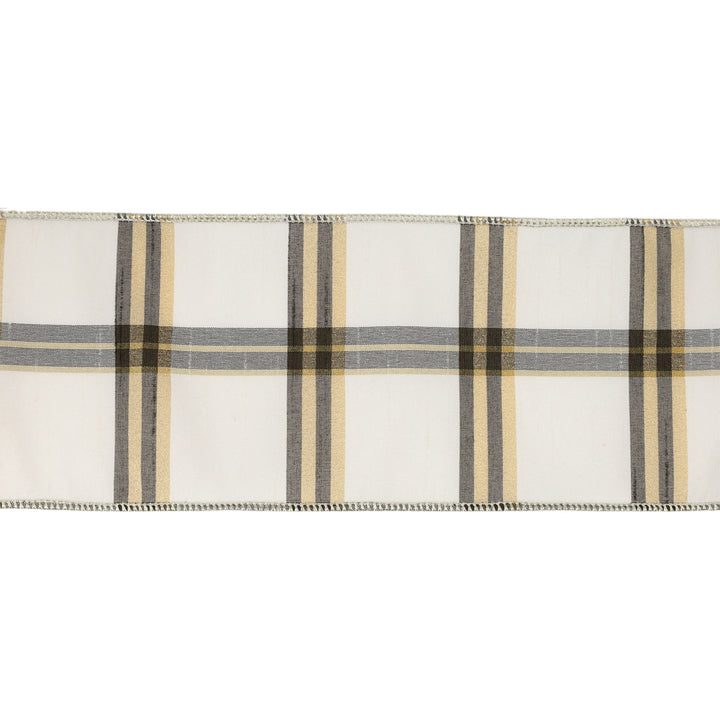 4" Wired Ribbon | Ivory/Black/Gold Plaid | 10 Yard Roll