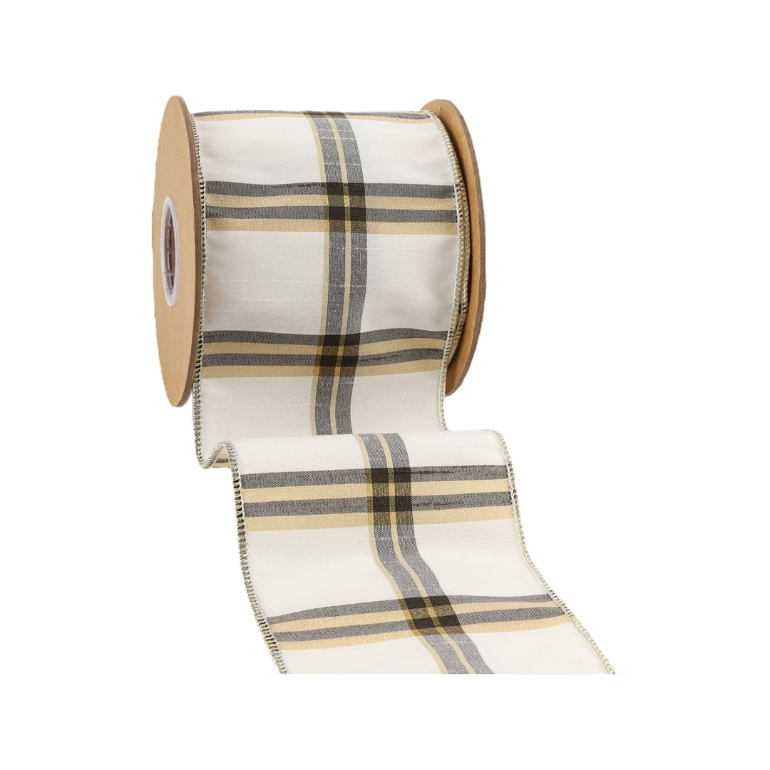 4" Wired Ribbon | Ivory/Black/Gold Plaid | 10 Yard Roll