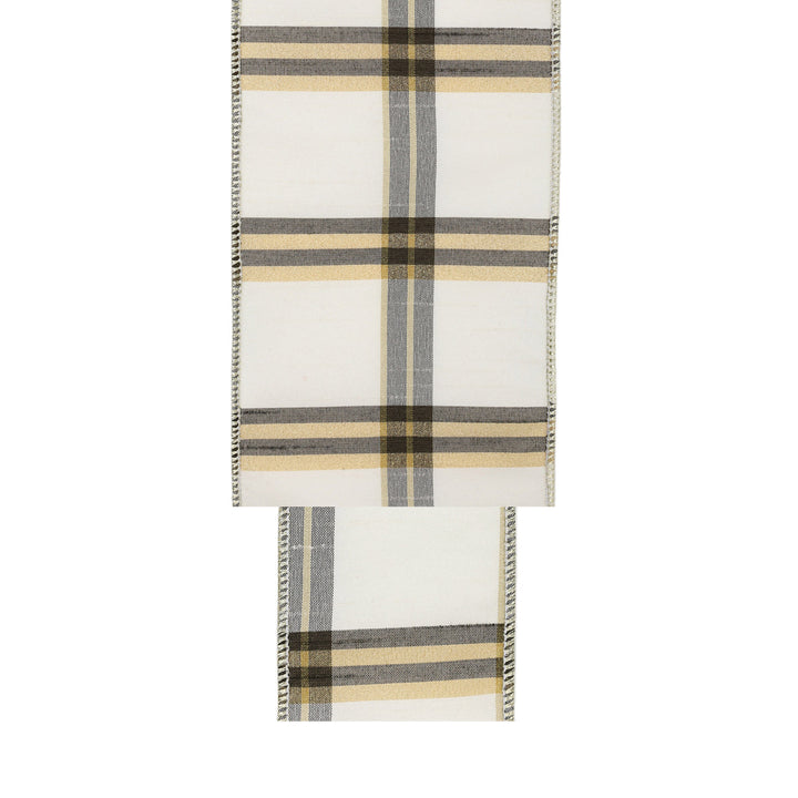 4" Wired Ribbon | Ivory/Black/Gold Plaid | 10 Yard Roll