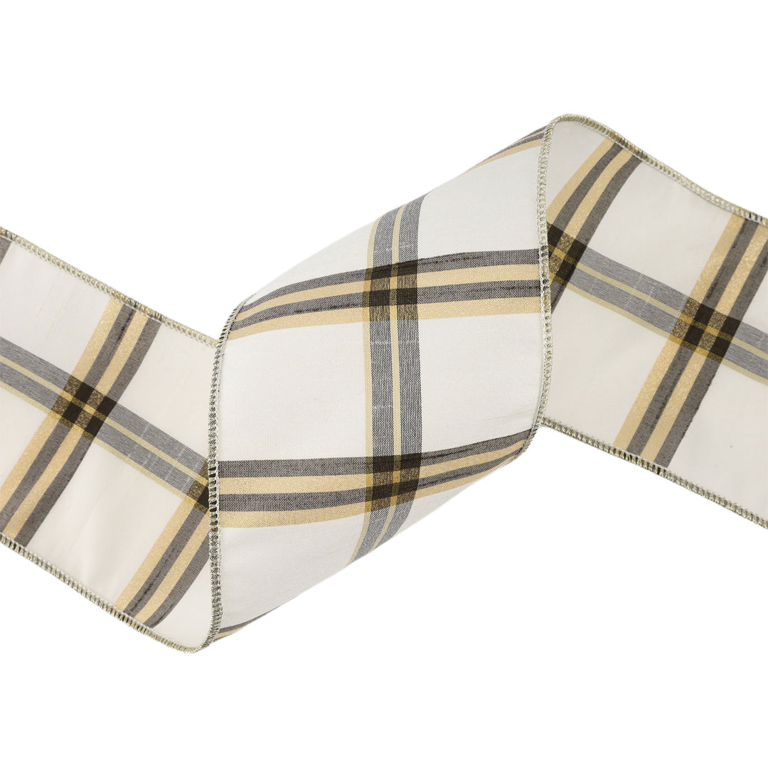 4" Wired Ribbon | Ivory/Black/Gold Plaid | 10 Yard Roll