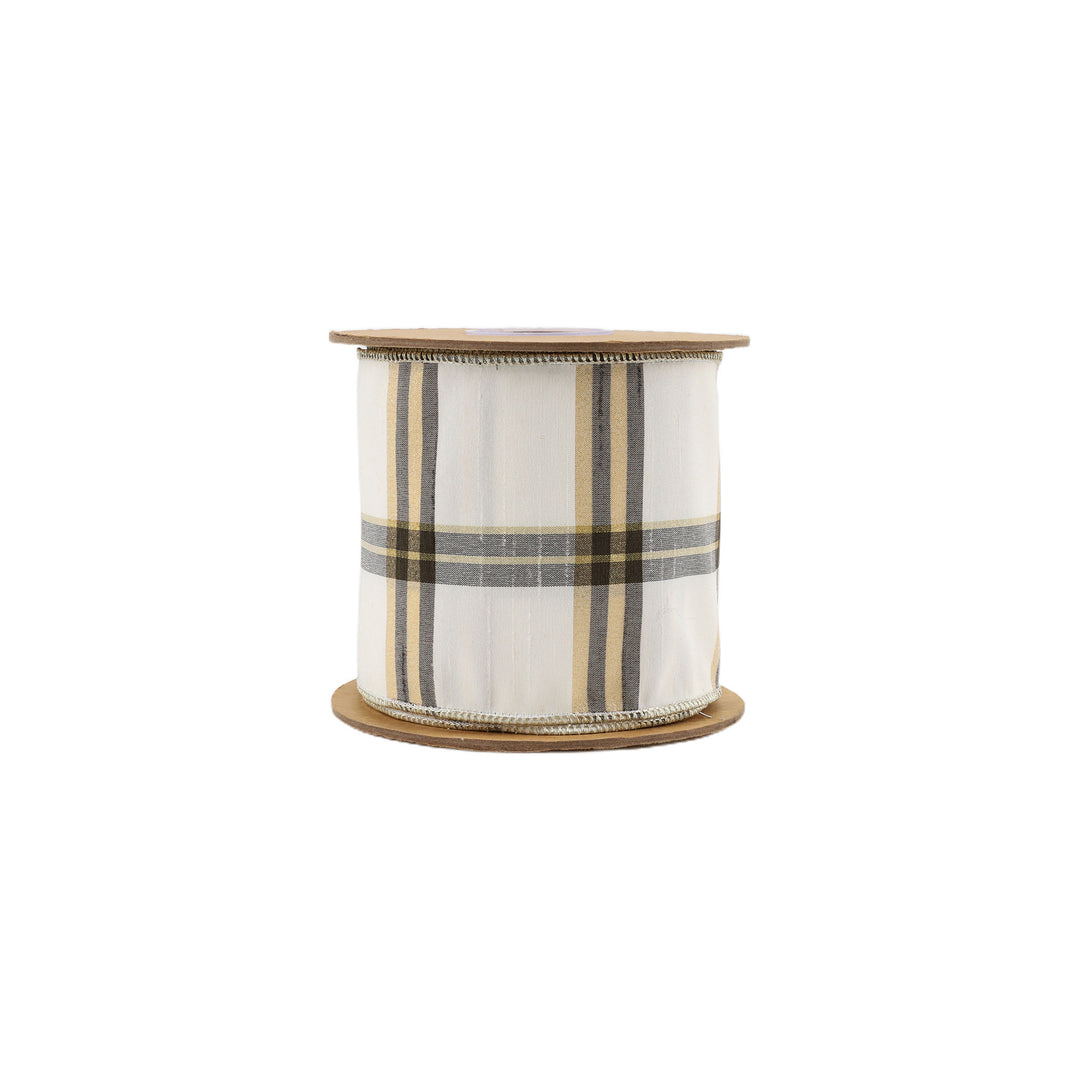 4" Wired Ribbon | Ivory/Black/Gold Plaid | 10 Yard Roll