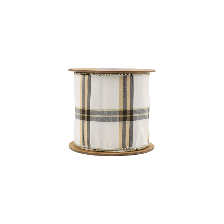 4" Wired Ribbon | Ivory/Black/Gold Plaid | 10 Yard Roll