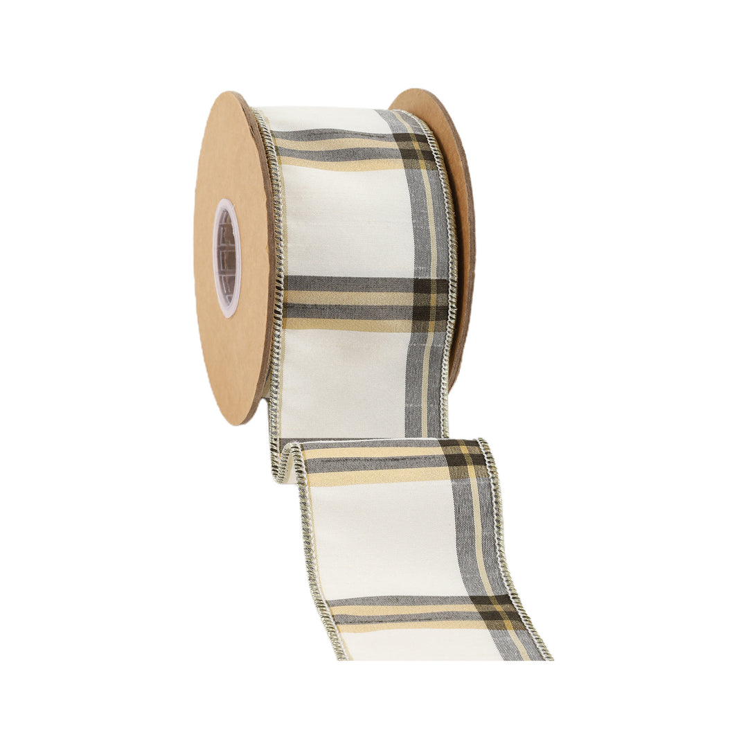 2 1/2" Wired Ribbon | Ivory/Black/Gold Plaid | 10 Yard Roll