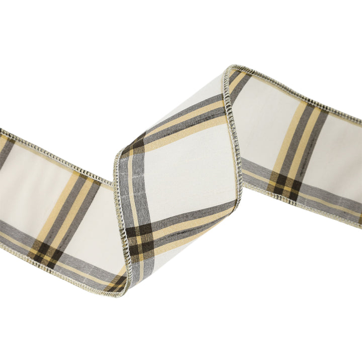 2 1/2" Wired Ribbon | Ivory/Black/Gold Plaid | 10 Yard Roll