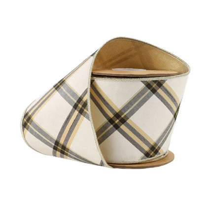 4" Wired Ribbon | Ivory/Black/Gold Bias Cut Plaid | 5 Yard Roll LaRibbons and Crafts