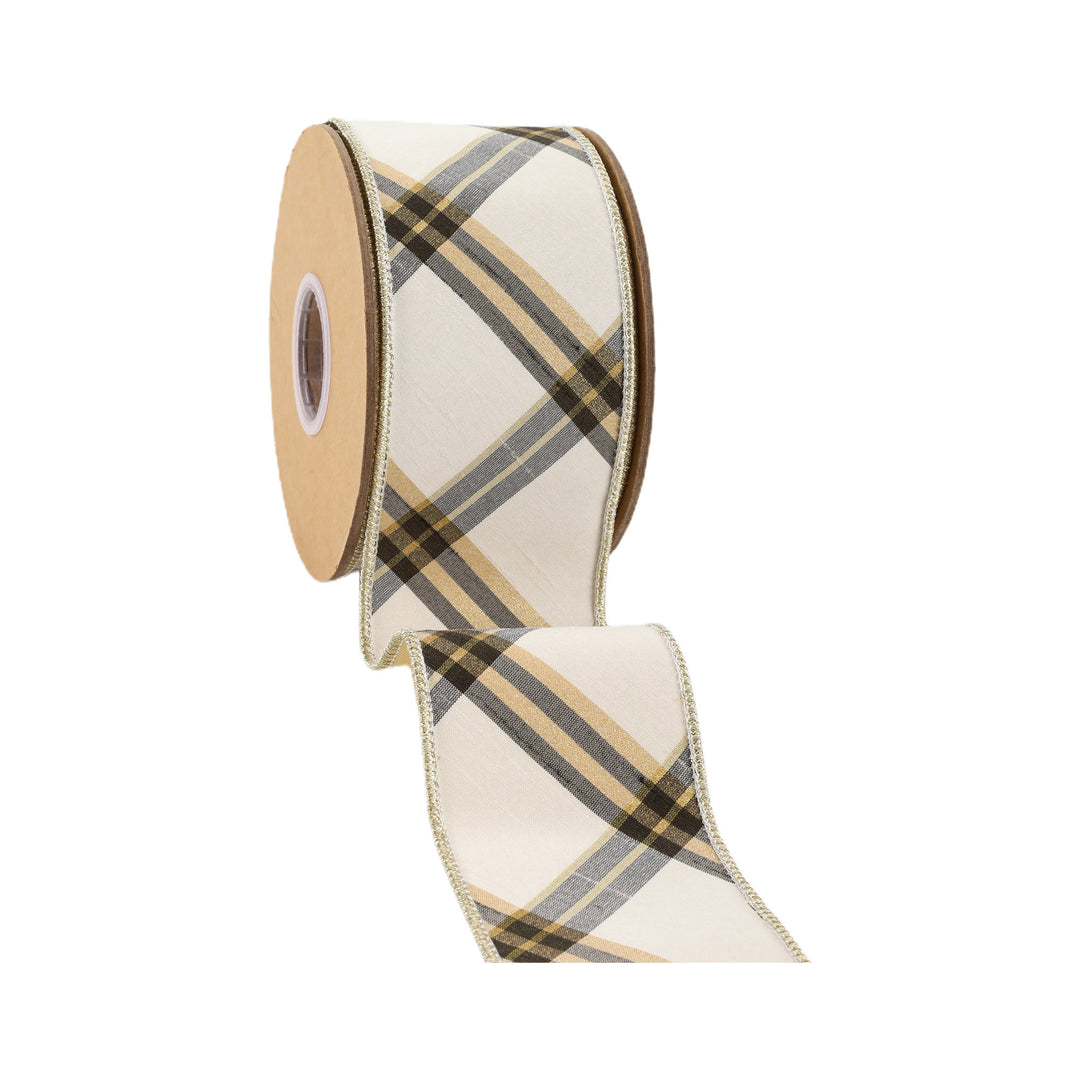 4" Wired Ribbon | Ivory/Black/Gold Bias Cut Plaid | 5 Yard Roll