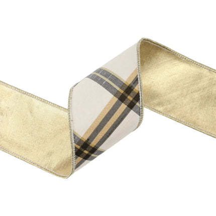 A gift wrapping ribbon with a plaid pattern in beige, black, gray, and gold, and a metallic gold reverse side. Features delicate stitching, ideal for gift wrapping and decorative purposes.