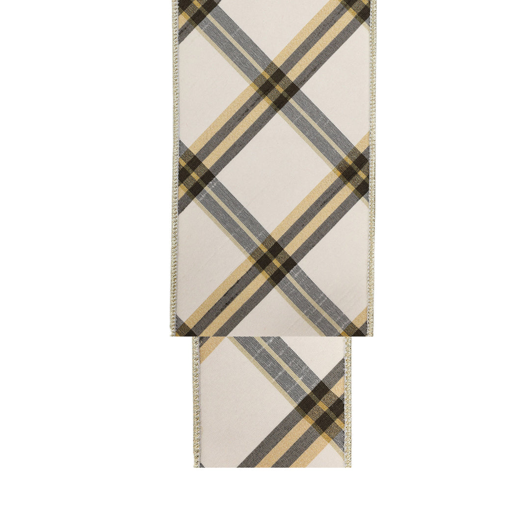 4" Wired Ribbon | Ivory/Black/Gold Bias Cut Plaid | 5 Yard Roll