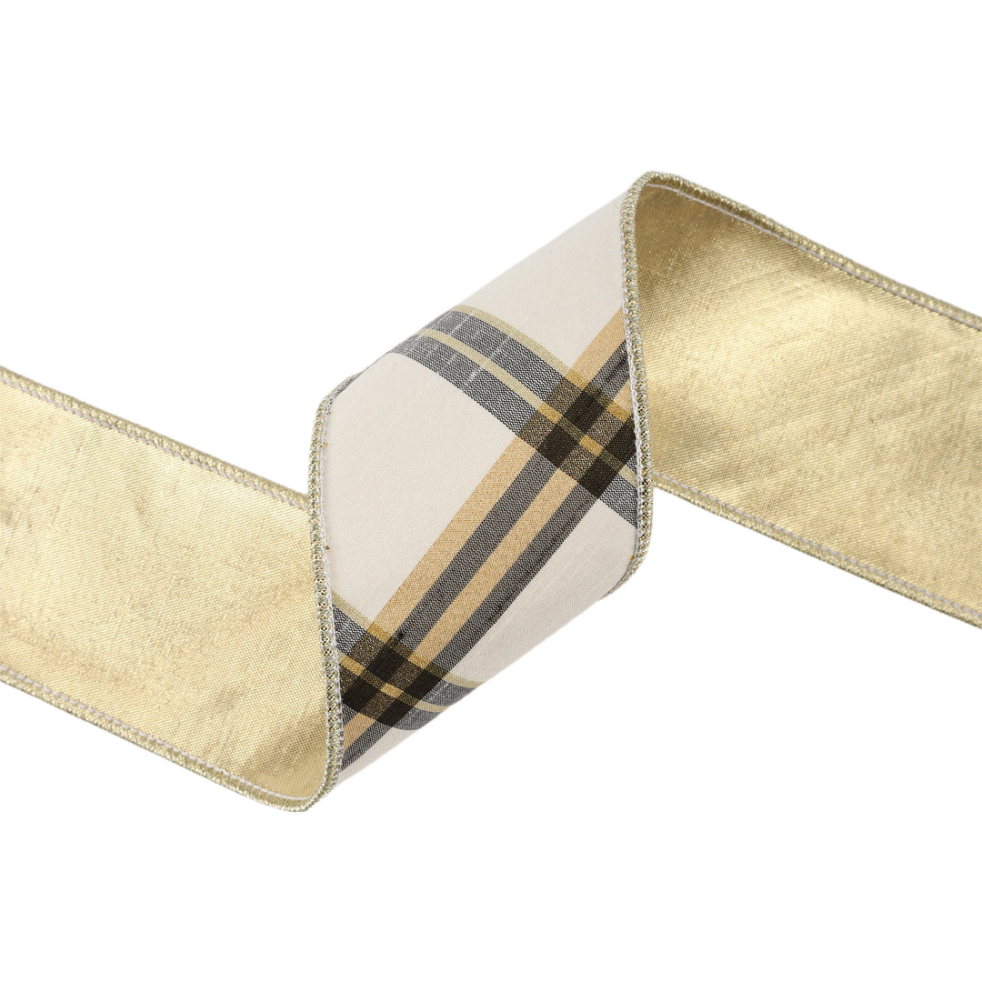 4" Wired Ribbon | Ivory/Black/Gold Bias Cut Plaid | 5 Yard Roll