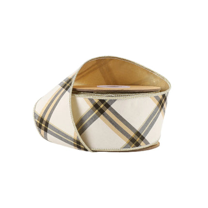 2 1/2" Wired Ribbon | Ivory/Black/Gold Bias Cut Plaid | 5 Yard Roll LaRibbons and Crafts