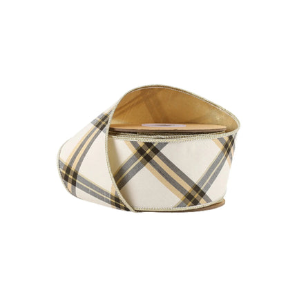 A roll of gift wrapping ribbon with a classic plaid pattern in beige, black, and gray, edged with gold trim. Ideal for gift packaging, adding a stylish touch to presents.