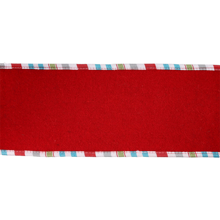 4" Wired Ribbon | Red Felt w/ Teal Plaid Edging | 5 Yard Roll