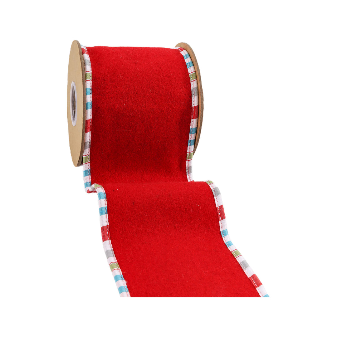 4" Wired Ribbon | Red Felt w/ Teal Plaid Edging | 5 Yard Roll