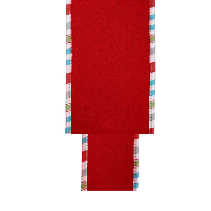 4" Wired Ribbon | Red Felt w/ Teal Plaid Edging | 5 Yard Roll