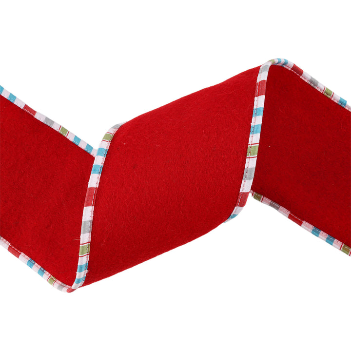 4" Wired Ribbon | Red Felt w/ Teal Plaid Edging | 5 Yard Roll