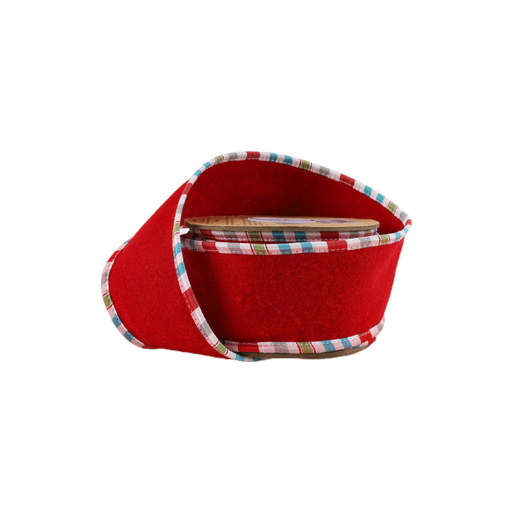 2 1/2" Wired Ribbon | Red Felt w/ Teal Plaid Edging | 5 Yard Roll