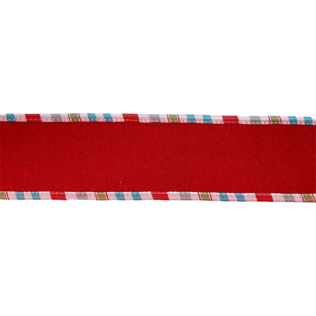 2 1/2" Wired Ribbon | Red Felt w/ Teal Plaid Edging | 5 Yard Roll