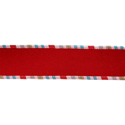 Red holiday ribbon with colorful plaid edges, ideal for Christmas decorations and holiday gift wrapping.