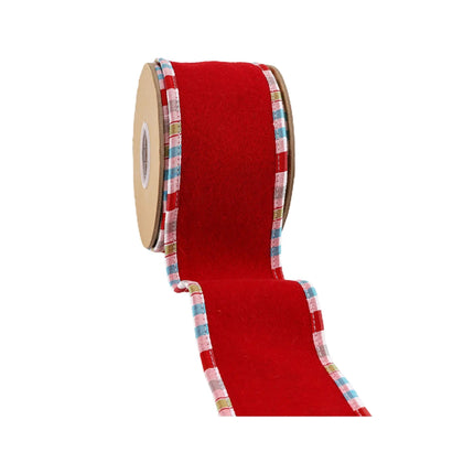 Red festive ribbon with multicolored plaid trim, ideal for Christmas decor and holiday craft projects.