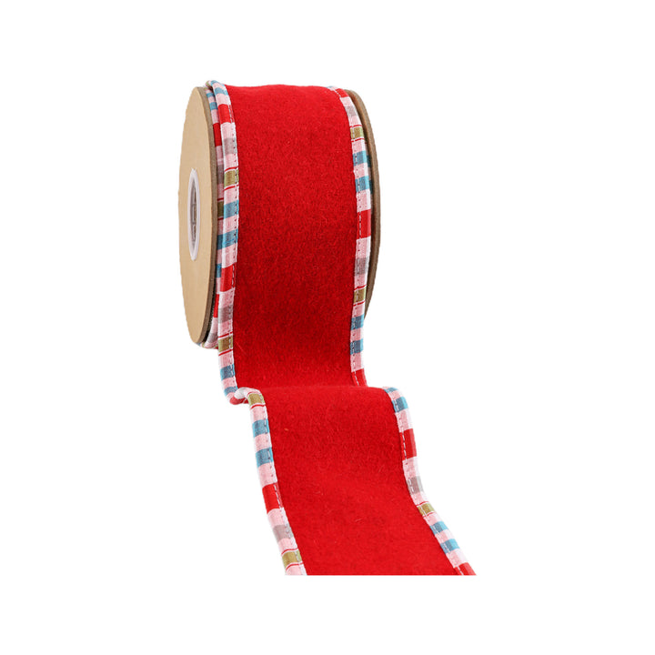 2 1/2" Wired Ribbon | Red Felt w/ Teal Plaid Edging | 5 Yard Roll