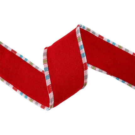 Red festive ribbon with multicolored plaid trim, perfect for Christmas decor, gift wrapping, and holiday crafts.