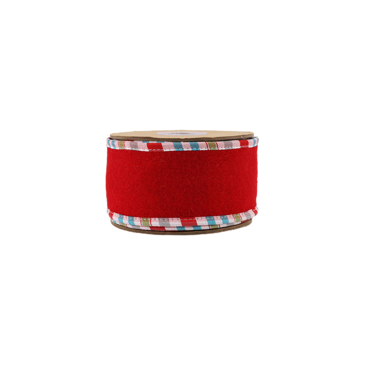 2 1/2" Wired Ribbon | Red Felt w/ Teal Plaid Edging | 5 Yard Roll