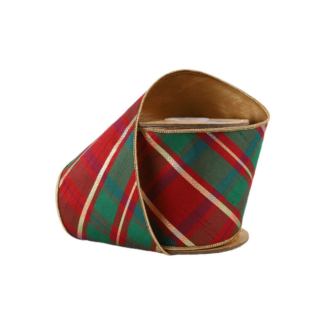 4" Wired Dupioni Ribbon | Red/Green/Gold Plaid Bias Cut w/ Double-Fused Gold Backing | 10 Yard Roll LaRibbons and Crafts