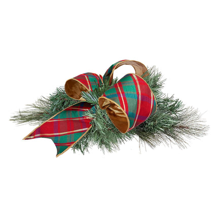 4" Wired Dupioni Ribbon, Plaid Red Green Gold, Decorative Bow on Christmas Pine Foliage